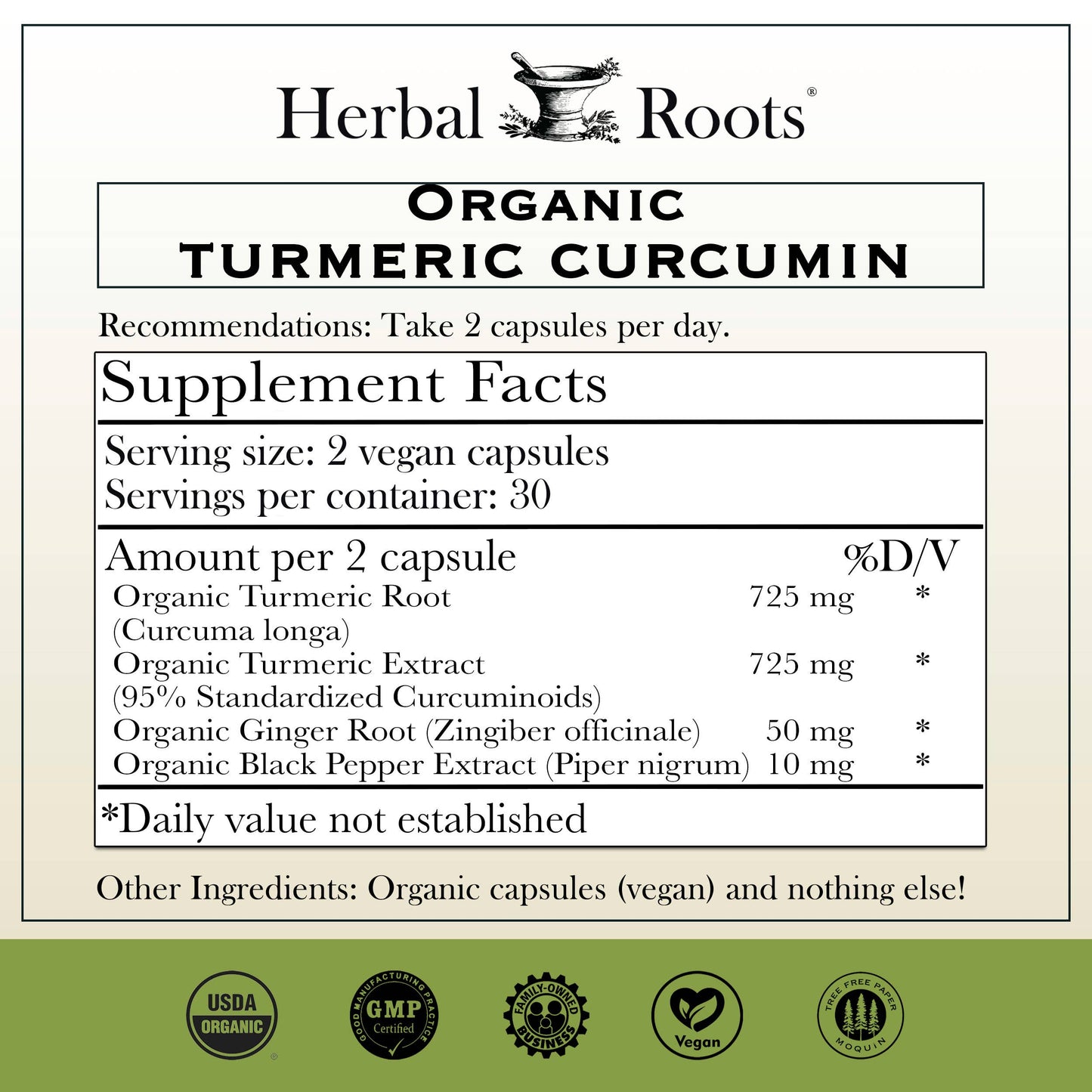 Herbal Roots Turmeric Curcumin Capsules - Certified Organic
