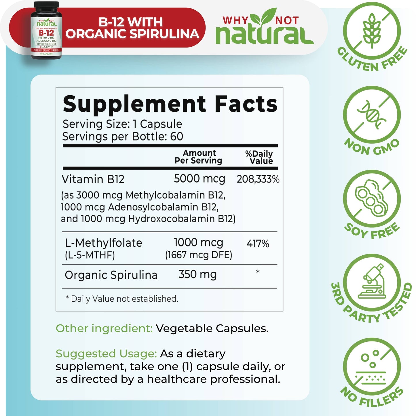 Vitamin B12 5000 mcg Supplement with Methylcobalamin,60 Caps